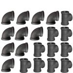 3/4" Pipe Fitting Tee & Elbow, 20 Pack Threaded Cast Black Malleable Iron Pipe Elbow/Tee for Steampunk Vintage DIY Pipe Decor Project/Furniture/Shelving Decoration(10 Tees+10 Elbows)