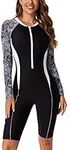 FEOYA Full Body Swimsuit for Women Boyleg Long Sleeve One Piece Rashguard Swimsuit UPF 50+ Zipper Surfing Wetsuit Black M