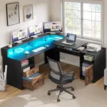 YITAHOME L Shaped Desk with Power Outlets & LED Lights, 60" Corner Computer Desk with Drawers & Lift Top, Home Office Desk with Monitor Stand & File Cabinet, Wood Height Adjustable Desk, Black & Brown