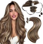 Moresoo K Tip Hair Extensions Human Hair 24 inch Utip Hair Extensions Human Hair Highlight Medium Brown With Caramel Blonde Utip Extensions for Party 50g 50 strands 24 inch
