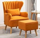 Wooden Furniture City Wing Chair for Living Room with Ottoman |Single Seater Chair with Foot Rest and Cushion | Wingback Chair for Livingroom, Bedroom, Office | Orange with Stool