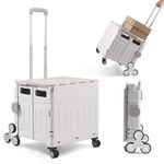 The Fellie Trolley Box Cart with Stair Climbing Wheels, 75L & 50KG Capacity Folding Shopping Cart Trolley with One-piece Lid, Boot Cart with Telescopic Handle for Shopping Picnic Office(White Grey)