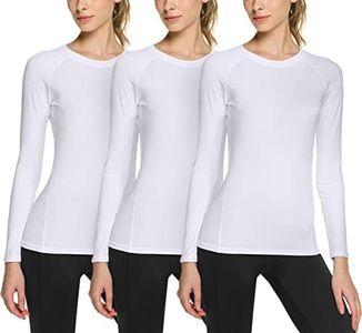 TSLA Women's Sports Compression Shirt, Cool Dry Fit Long Sleeve Workout Tops, Athletic Exercise Gym Yoga Round Neck Shirts FUD31-WHT_Small