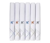 Caruso Italy Men's Initial Monogram H Embroidery 100% Pure Cotton Handkerchief White Base With Colored Border - Pack Of 6