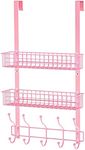 Coat Rack, MILIJIA Over The Door Hanger with Mesh Basket, Detachable Storage Shelf for Towels, Hats, Handbags, Coats (Pink-2 Layer)