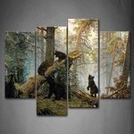 First Wall Art - Bear Black Bears Play in Forest Broken Tree Wall Art Decor Wildlife Animal Canvas Pictures Artwork 4 Panel Painting Prints for Home Living Dining Room Kitchen