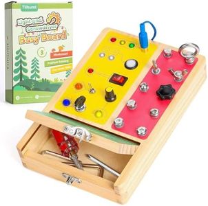 Tilhumt Busy Board with LED Light, 2-in-1 Montessori Screwdriver Board Set with 6 LED Light Switches, Toddler Montessori Switch Fidget Board with Lockable Toolbox, Travel Activity Toys for Outdoor