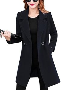 Tanming Womens Elegant Notched Collar Button Wool Blend Solid Long Pea Coat Overcoat (Black, Small)