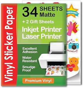 Premium Printable Vinyl Sticker Paper for Inkjet & Laser Printer - 34 Sheets Self-Adhesive Sheets Matte White Waterproof, Dries Quickly Vivid Colors, Holds Ink well- Tear Resistant