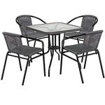 Flash Furniture 5-Piece 28" Square Indoor/Outdoor Patio Table and Chairs Set, Glass Metal Bistro Table and 4 Stacking Rattan Chairs, Gray