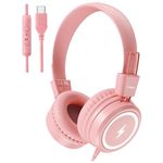 KONNAO Kid Headphones for School, USB Type C Kids Headphone with LED Lights, Wired Boys Girls Headphones with Safe Limiter 85dB/94dB, Foldable On Ear Headphones with Microphones for School/iPad, Pink