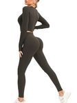 Workout Sets for Women Long Sleeve Crop Top High Waist Seamless Legging 2 Piece Outfits Sets Gym Matching Lounge Clothes(P068 Chocolate S)
