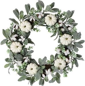 WANNA-CUL 24 inch Large Farmhouse Fall Wreath Decor for Front Door with White Pumpkin, Green Lamb's Ear and Eucalyptus Leaves, Harvest Door Wreath for Autumn or Thanksgiving Decorations