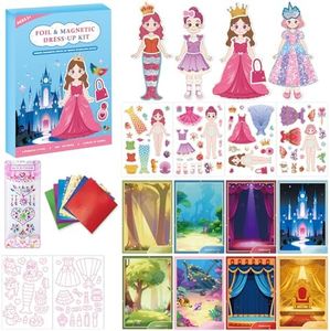 Magnetic Dress Up Dolls Girls Toys, Princess Mermaid Fairy Ballerina Unicorn Foil Art Craft Fun Kits with 4 Dress Up Dolls, 107 Magnets with Glow Edges, Travel Toys Games Gift for Kids 3 4 5 6 7 8 9