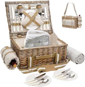 G GOOD GAIN 31Pcs Picnic Basket for 4 - Wicker Picnic Set with Waterproof Blanket & Wine Bag| Large Picnic Hamper with Insulated Cooler & Cutlery Kit for Couples Camping,White Flower,16x12x7.5inch