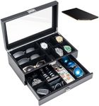 ProCase Wooden Men's Jewelry Box, Watch and Sunglasses Box Organizer for Men, 2-Tier Watch Holder and Glasses Display Cases with Clear Glass Top and Storage Drawer -Black