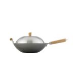 Helen's Asian Kitchen 97005 Helen Chen's Asian Kitchen Flat Bottom Wok, Carbon Steel with Lid and Stir Fry Spatula, Recipes Included, 13.5-inch, 4 Piece Set, Silver/Gray/Natural