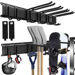 Sinoer Garage Garden Tool Organizer Wall Mount, Tool Storage Rack with 6 Adjustable Metal Hooks with 2 Straps, for ski Equipment Hangers,Chairs, Brooms,rakes,Shovel,Yard Tools Rack