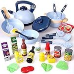 Veluoess 30 PCS Kids Kitchen Toy Pretend Cooking Set,Cookware Playset Food Toy with Pots,Pans,Cooking Utensils and Food Accessories,Pretend Play Educational Gifts for Boys and Girls 3 Years + (Blue)