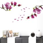 BIBITIME 2 Sheets Purple Magnolia Vinyl Sticker Flower Wall Decal Tree Branches Bud Petal PVC Home Decor Art Murals for Living Room Couple Bedroom Nursery Children Kids Room Decor