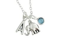 Personalised Elephant Necklace, sterling silver or silver plated chain initial birthstone crystal animal jewellery nature lover birthday gift Christmas present good luck