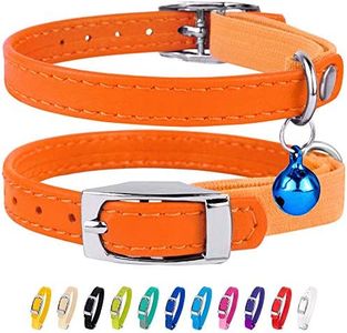 CollarDirect Leather Cat Collar, Cat Safety Collar with Elastic Strap, Kitten Collar for Cat with Bell Black Blue Red Orange Lime Green (6-7 Inch, Orange)