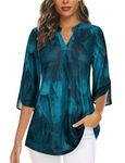 Zamowoty Womens Blouses and Tops Dressy Blouses for Women Office Professional Ladies Tunics Tops 3/4 Sleeve V Neck Business Casual Formal Dress Shirts Work Attire Clothes Loose Peacock Blue X-Large