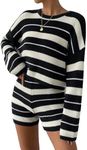 SHENHE Women's 2 Piece Outfits Casual Striped Drop Shoulder Sweater and Knit Shorts Set Black and White L