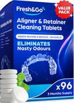 Fresh & Go® Retainer Cleaning Tablets | Fresh, Mint, Clean, Brite, Stain-Free | Eliminates Odour | Suitable for Dentures, Mouth Guards, Retainers, Aligners | 3 Month Supply | 96 Tablets