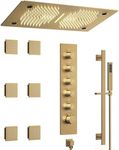 GRANDJOY 27.5"x15.7" Full Body Thermostatic LED Shower System, 64-Color Waterfall Rainfall & Rotating Sprays, 5 Simultaneous Functions with Body Jets & Handheld, Ceiling Mount, Brushed Gold