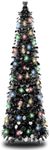 5FT Black Pop Up Christmas Tree, Collapsible Artificial Christmas Tree Tinsel Pencil Halloween Tree with Light (90 LED) Halloween Decorations for Home Holiday Fireplace Party Indoor Outdoor