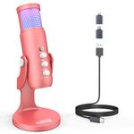 zealsound USB Microphone, Podcast Mic for iPhone, iPad, PC, Phone, PS5, with RGB light effects/Mute/Noise Reduce Mode/Echo/Gain, for Recording, Streaming, Gaming, Creator,YouTuber, TikTok, k68 Pink