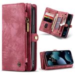 SWP Case for iPhone 13, Wallet Case w/Magnetic Detachable Cover [11 Card Slots] Clutch Wallet w/Wristlets Money Pocket for iPhone 13 (Red)