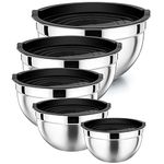 HaWare Mixing Bowl Set of 5, Stainless Steel Nesting Bowls for Kitchen Baking,Serving, Airtight Lids, Heavy Duty & Dishwasher Safe, Space-Saving Storage Metal Bowl, Size 0.7/1.2/1.5/3/4.5QT (Black)