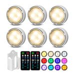 Onumii Under Cupboard Kitchen Lights Battery Operated LED Under Cabinet Lights, Stick on Wardrobe Lights Under Counter Lights Remote Control, RGB Puck Lights, 6 Pack - White