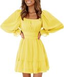 EXLURA Women Tie Back Wedding Guest Dresses Long Lantern Sleeve Square Neck Ruffle Elastic Waist Aline Casual Mini Dress Yellow