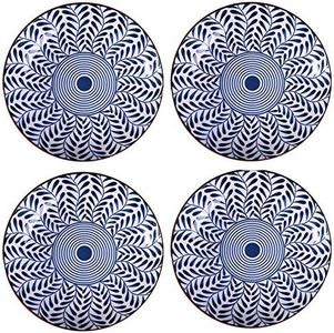 Gegong 4 Pack Blue and White Porcelain Dish Serving Plates Floral Dinner Shallow Plates Appetizer Salad Dessert Snack Plate (8 inch,Willow Leaves)