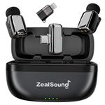 ZealSound Mini Wireless Lavalier Microphone for iPhone iPad Android, Dual Channel Wireless Microphones with Noise Cancellation, Mute & Volume Control, 33H Battery Case, USB-C & Lightning Plug & Play
