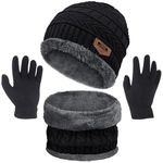 3 Pcs Boys Girls Winter Beanie Hat Scarf Gloves Set Thick Knitted Warm Toddler Winter Hat Mittens Neck Warmer for Kids, Black, Large