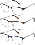 3 Pack Fashion Metal Full Frame Reading Glasses for Men, Mens Computer Readers with Comfort Spring Hinges Anti Glare Uv Ray Filter Eyeglasses (+1.5 Strength)