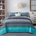 WONGS BEDDING Purple Bohemian Bedspread with 2 Pillowcases Boho Striped Reversible Quilt Coverlet for All Season Soft Microfiber Bedspread King Size 240x260cm