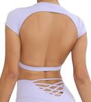 FEOYA Backless Workout Tops for Women Round Neck Short Sleeve Crop Top Elastic Yoga Fitness Outfits Purple S