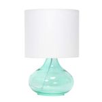 Simple Designs LT2063-AOW Small Glass Raindrop Bedside Table Lamp with White Fabric Shade, Aqua