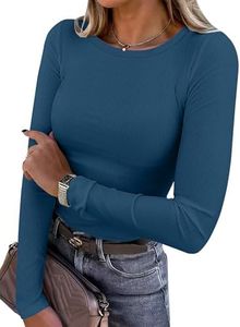 ANRABESS Women Long Sleeve Shirts Ribbed Fitted Tops,Deep Blue,XL | Slim Basic Tee,2026 Fall Outfits,Lightweight Knit T-Shirt,Soft Underscrub,Winter Layer Clothing,Casual Work & Everyday Wear