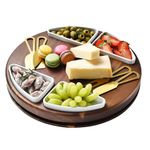 Shanik Upgraded Lazy Susan Cheese Cutting Board Set, Round Acacia Charcuterie Board, Cheese Serving Platter with 2 Ceramic Bowls and Craft - Gift for Any Occasion Without Engraving