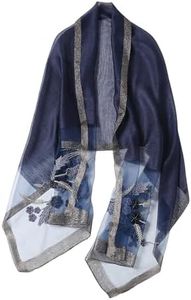 Jeelow Silk Wool Fashion Scarf Shawl Wrap Lightweight Sheer For Women Floral Embroidery Wedding Party Prom (Blue Beads)
