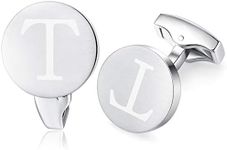 HONEY BEAR Initial Alphabet Letter Cufflinks for Men, Brushed Silver Round Shape Stainless Steel Wedding Business Cufflinks, A - Z (T)