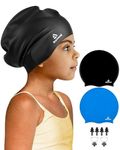 Reymand 2 Pack Kids Extra Large Swimming Cap for Long Thick Hair, Waterproof Silicone Swimming Hat for Toddler Child Youth Girls Boys, Durable Swim Cap Bathing Caps for Braids, Afros(Black+Blue)