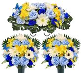 MUVIC Artificial Cemetery Flowers Bouquet and Headstone Flower Saddle for Grave,Long-Lasting Bright Color, Graveyard Decoration-Rose Gerbera Daffodil,Cute Fake Butterfly Included,Blue/White