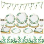 Party Tableware Set, 98Pcs Green Paper Plates Cups and Napkins With Tablecloth & Banner, Baby Shower Party Plates, Sage Green Disposable Party Plates for Birthday Decorations Safari Party Decorations